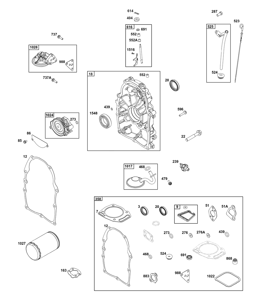 Crankcase Cover/Sump And Lubrication Group Diagram and Parts List for 356447-3538-B5 200000 - 399999 Briggs and Stratton Engine